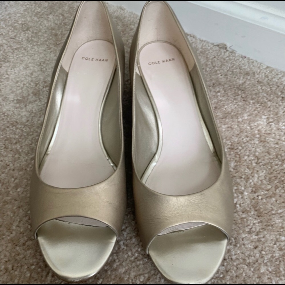 Cole Haan Gold Peep Toe Wedges